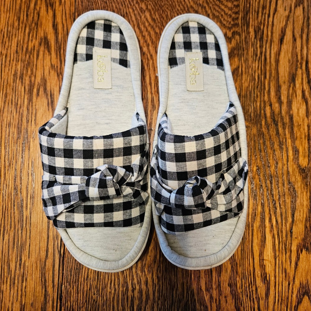Kooba Womens Gingham Checkered Knot Slide House Slippers Black White Gray Size M